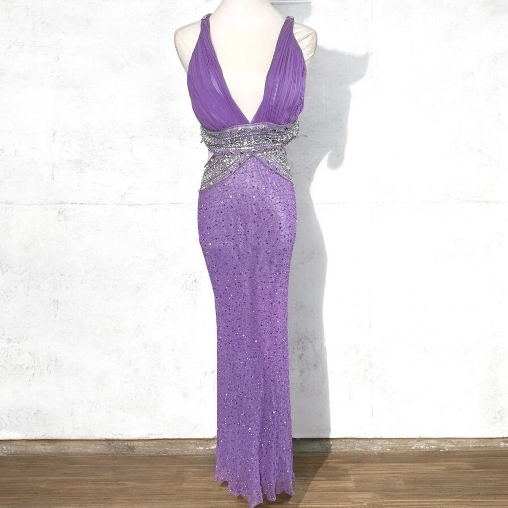 Vintage 100% Silk Elegant Purple Gown Crystal Fairycore Luxury Glam 4 Prom